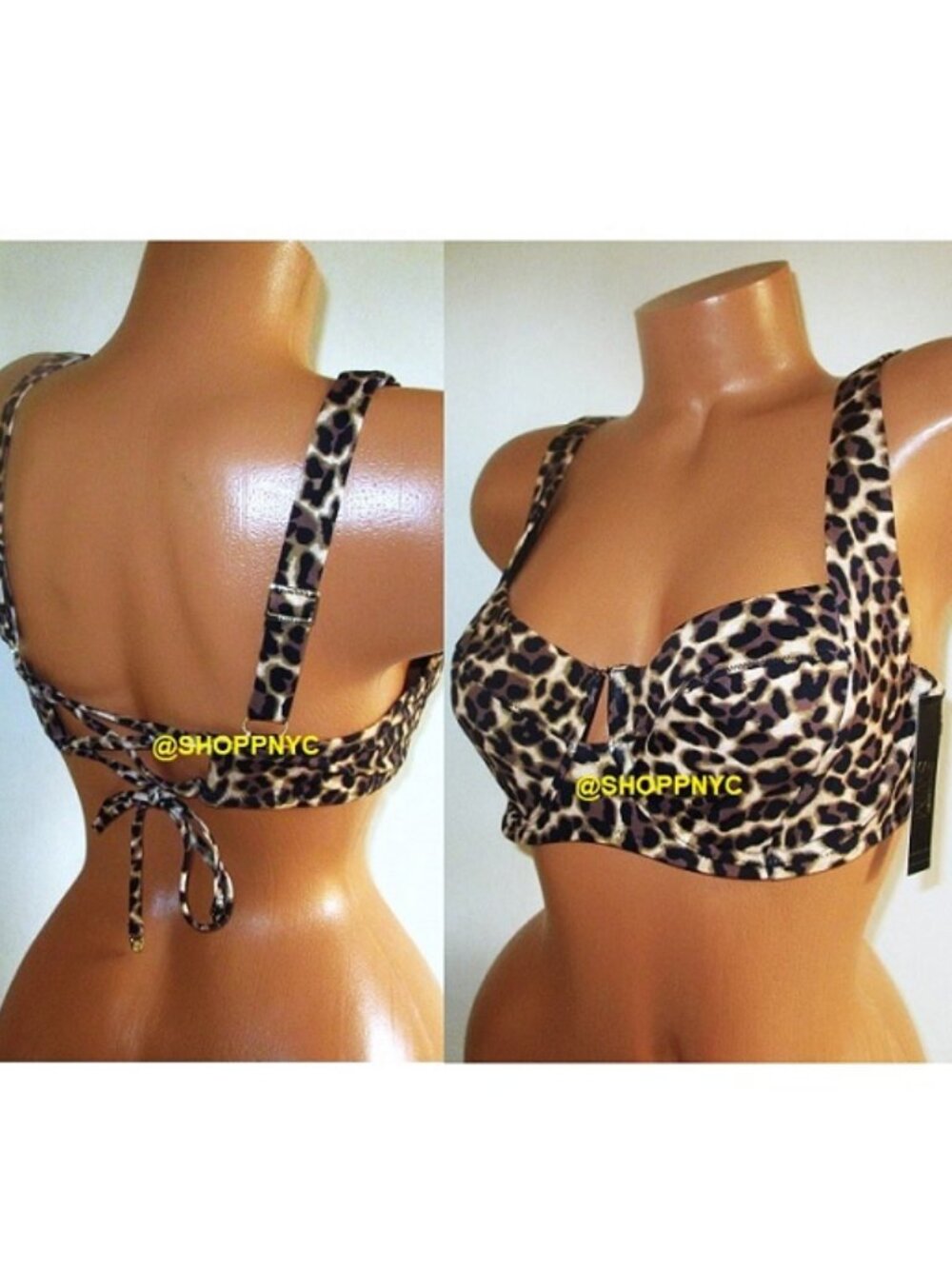 38C VICTORIA SECRET Swim Lace-Up Back Strappy Swim Bikini Top Leopard Underwire